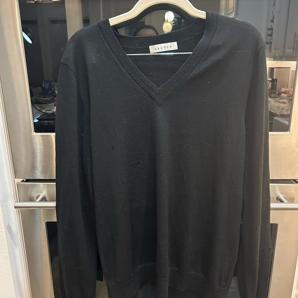 Sandro V-Neck merino wool Sweater men’s L? No size tag has several holes piling